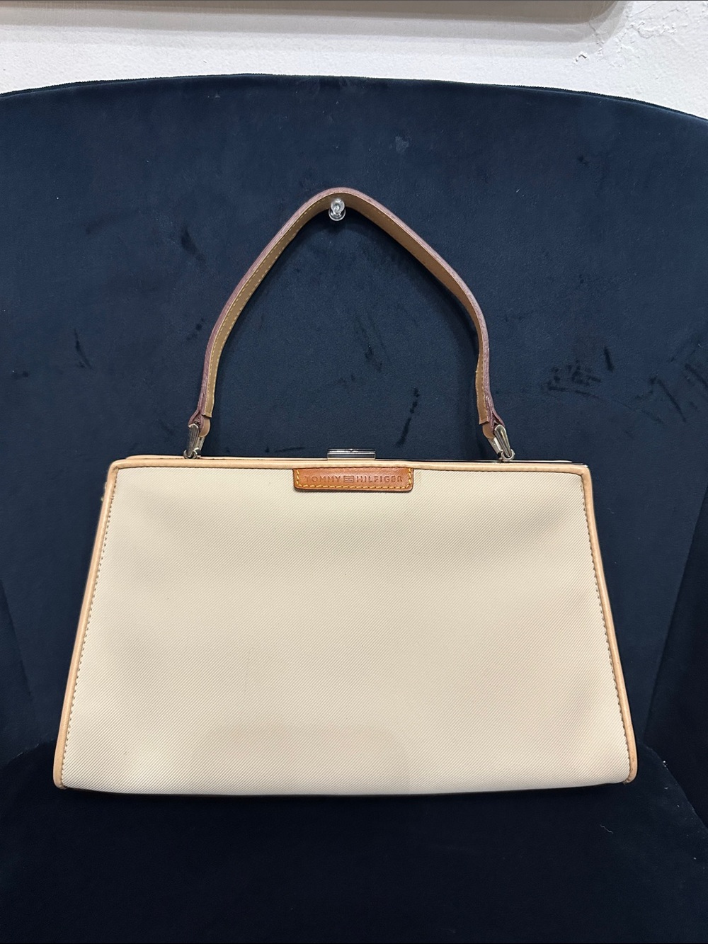 VTG Tommy Hilfiger Cream Structured Top-Handle Women's Bag with Tan Trim